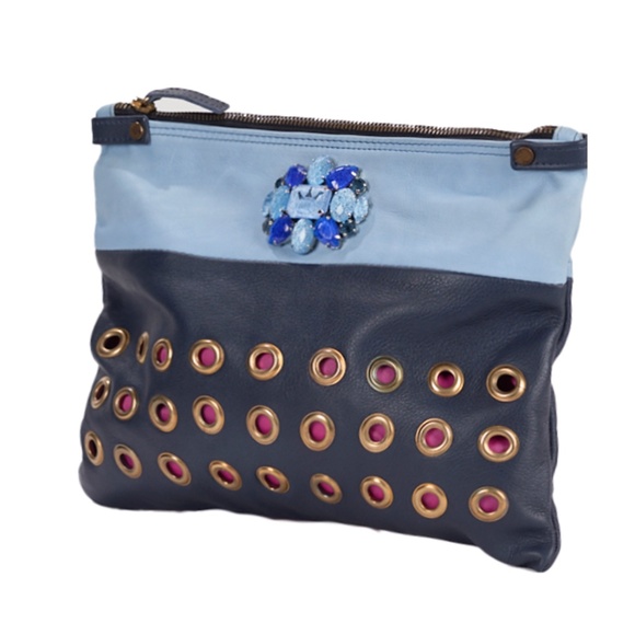 Save the Queen Blue Leather Clutch Bag with Rhinestones and Grommets